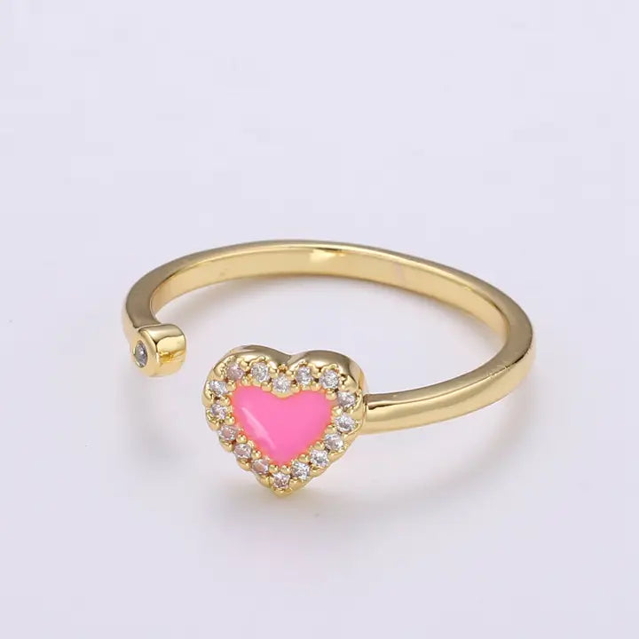 24K Gold Enamel Cubic Heart Ring
