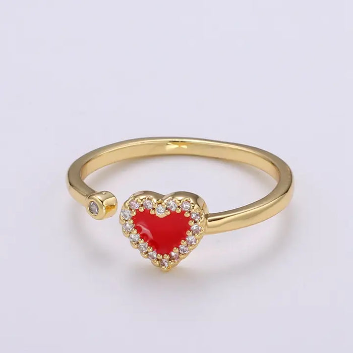 24K Gold Enamel Cubic Heart Ring