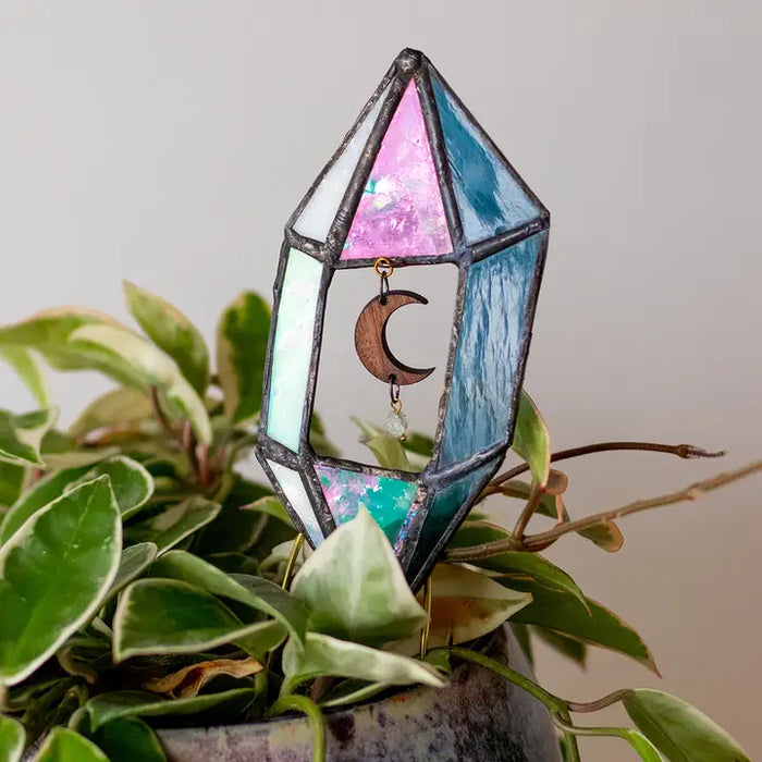 Lost & Found Stained Glass Crystal Plant Stake with Moon Charm