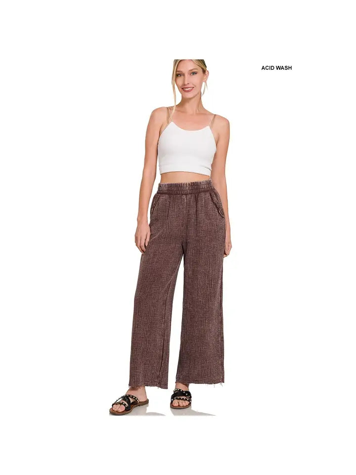 Apolline Washed Double Gauze Elastic Band Waist Pants