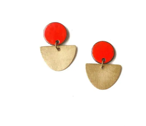 Brass and red enamel earring