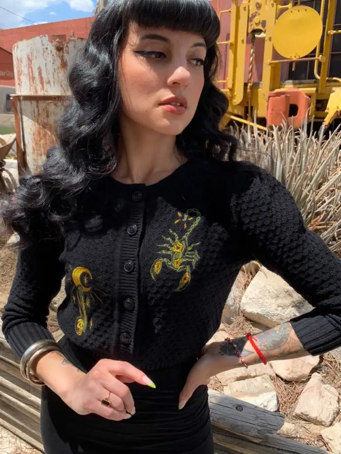 Mischief Made Scorpion Cropped Cardigan in Black